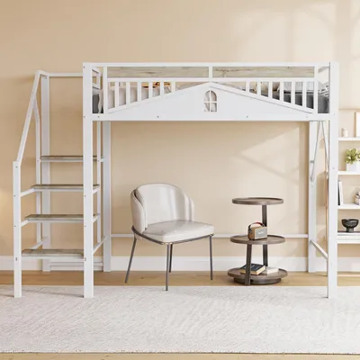 Image de Lit superposé en métal, dimensions 140x200 cm, avec escalier et barrière de sécurité, couleur blanche