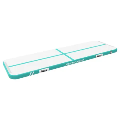 A white and teal inflatable air track on a white background.