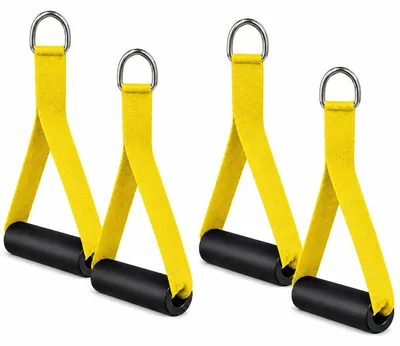 Immagine prodotto di BAYLI Impugnatura per cavo di trazione, giallo, set da 4 – Impugnatura da fitness con anello a D e impugnatura in schiuma per cavo di trazione, allenamento di forza, fascia elastica, trazione al bilanciere e vogatore