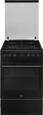 A black freestanding gas and electric oven with its glass lid open.