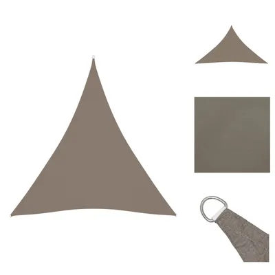 A triangular sun sail is shown on a white background, with smaller images of the sail's shape and a corner detail with a metal ring.