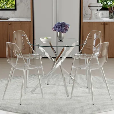 Produktbild von 4er Set Esstisch mit gehärtetem Glas, 88 cm, vier transparente Kunststoff-Esszimmerstühle, modernes Design, ideal für kleine Essbereiche