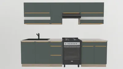 Obrázek produktu pro Kuchynská linka 270 cm – tmave zelená kuchyne – s pracovní deskou z travertinu – vestavená kuchyne se zásuvkami s kovovými úchytkami – zlaté úchytky – GLAMOUR B PLUS