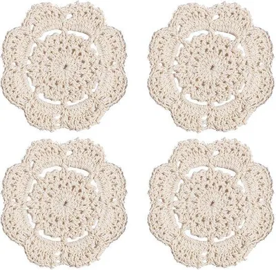 Zdjęcie produktu dla Ręcznie szydełkowane okrągłe podkładki, 10 cm, beżowe, zestaw 4 sztuk