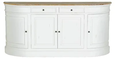 Produktbild von Romantisches Buffet aus Mahagoniholz, weiß getüncht, abgenutzt, abgerundete Form, 4 Türen, 2 Schubladen, 85x180x45 cm