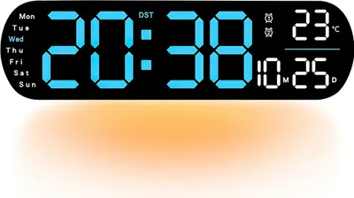 Produktbild von 13,8" digitale Wanduhr mit Fernbedienung, 9 RGB-Farbmodi, Doppelalarm, 1-Tasten-DST, mit Zeit, Datum, Wochentag, Temperatur Blau