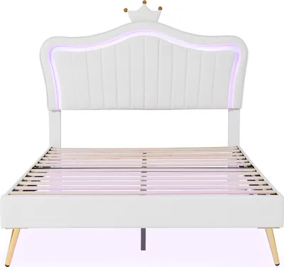 Produktbild von Flieks Polsterbett 140x200cm mit Lattenrost, Jugendbett Kinderbett mit Led, Doppelbett mit Kronenformung, Holzbett Klassisches Bett, PU, Weiß