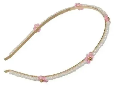 Image de Bandeau orné de petites perles et de petites fleurs roses - Coralico