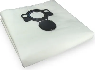 A white vacuum cleaner bag with a black plastic connector.