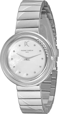 A close-up studio shot of a silver women's watch with a white dial and diamond accents.