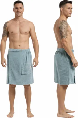 Produktbild von Leicht Frottee Saunakilt Herren - Saunahandtuch Baumwolle mit Gummizug und Knopf Saunatuch Mann Sauna Handtuch Kilt Männer Rock Blau