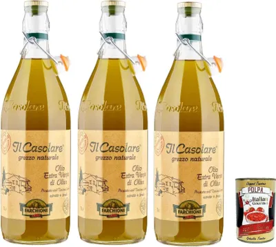 Produktbild von Farchioni Casolare, Il grezzo, Kaltgepresst, Olivenöl Extra Vergine 3x 1Lt 100% extra nativ natives Olio Oliva + Italian Gourmet Polpa 400g