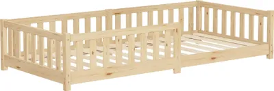Produktbild von ML-Design Kinderbett 90x200 cm Natur Bodenbett für Kinder mit Lattenrost und Rausfallschutz Jugendbett aus massivem Kiefernholz Bettgestell Babybett