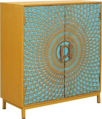 Obrázek produktu pro Marrakesh Boho příborník s dvířky z masivního dřeva 91 cm vysoký jako nábytek do obývacího pokoje | vintage dekorativní komoda Peacock barevná ručně malovaná pro stylové uložení v jídelně a ložnici