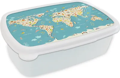 Produktbild von KitchenYeah® Lunchbox Brotzeit Brotdose 17x11 cm Weltkarte - Kinder - Tiere - Kinder - Jungen - Mädchen Kinder Brotzeitdose - Lunch Box - Kinder - Sandwich-Box - Schulbox - Lunch Boxen