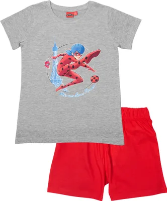 Zdjęcie produktu dla United Labels Miraculous piżama dla dziewczynek - zestaw piżamy dziecięcej Ladybug z krótkim rękawem i spodniami szary/czerwony 122/128