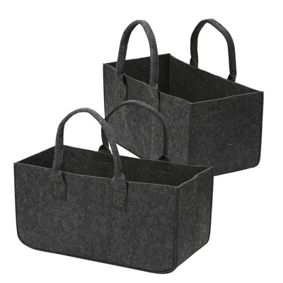 Produktbild von Fiqops 2 Stück Filztaschen für Kaminholz Einkaufstasche Filzkorb Holzkorb Kaminholztasche Einkaufskorb Zeitungskorb Shopper aus Filz faltbar groß Dunkelgrau 2er Set 50 x 25 x 25