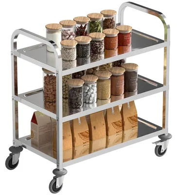 Produktbild von Servierwagen aus Edelstahl, 90,5 x 50,5 x 88,2 cm, mit Tabletts und 2 Armlehnen, silberfarben