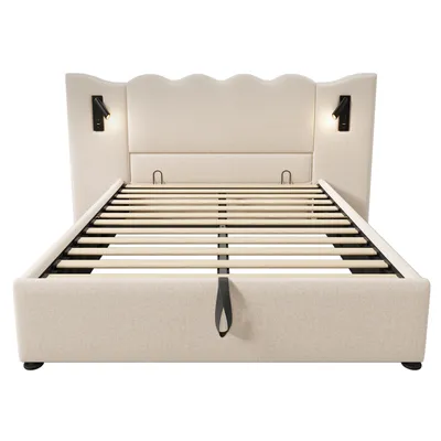 Produktbild von Flieks Hydraulisches Polsterbett 160x200cm mit Ladefunktion und Leselampe, Stauraumbett Doppelbett Boxspringbett mit Lattenrost, Leinen, Beige