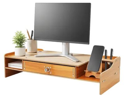 Obrázok produktu pre Držiak na monitor z dreva s držiakom na mobilný telefón a uzamykateľnou zásuvkou