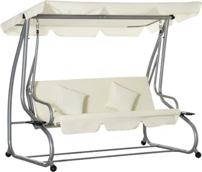 Produktbild von Outsunny Schaukelstuhl 3-Sitzer Hollywoodschaukel Gartenschaukel mit Sitz- und Rückenlehnen Tablett Sitzbank Schwingbank Dachwinkel verstellbar Stahlrohr Oxford-Stoff Beige 200 x 120 x 164 cm