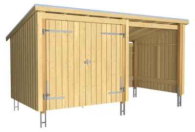 Produktbild von Plus Gartenhaus Nordic Multi 416 x 208 cm natur mit Doppeltür, offen, Dachpappe, H-Anker