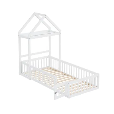 Produktbild von Kinderbett 90 x 200, Kinderbettgestell aus Massivholz mit Stauraum, Vollschutzgitter und Türen und Lattenrost