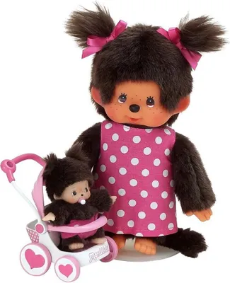 Produktbild von Sekiguchi 254930 - Original Monchhichi Mutter mit Kind im Kinderwagen, Plüsch-Figur mit Pünktchenkleid und zwei Zöpfen mit pinker Schleife, ca. 20 cm großes Kuscheltier aus braunem Plüsch