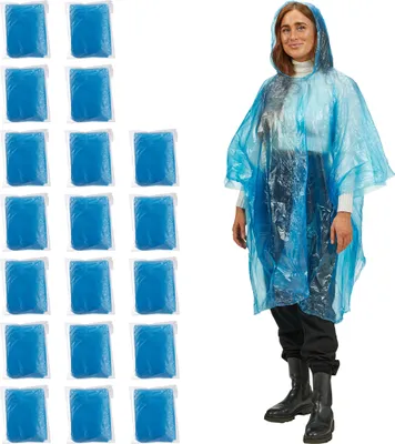 Produktbild von Relaxdays Regenponcho, 20er Set, Einweg Regencape mit Kapuze, Wandern, Festival, Notfallponcho für Damen & Herren, blau