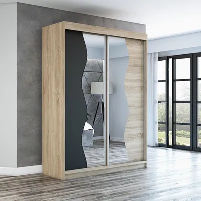 Produktbild von Schwebetürenschrank, 2-türig Schrank mit Spiegel! Moderne Garderobe für Kleidung. Verschiedene Farben (Weiß, Schwarz, Somona) Kleiderschrank RIMA 160  cm
