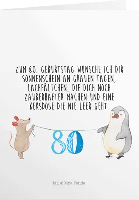 Produktbild von Mr. & Mrs. Panda Geburtstagskarte 80. Geburtstag Maus Pinguin - Weiß - Geschenk, Torte, Kuchen, Geburtstagskarten, einladungskarten, Party, Happy Birthday, klappkarten