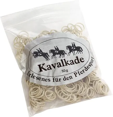A bag of small, light-colored rubber bands, likely for braiding horse manes, with a label featuring horses and riders.
