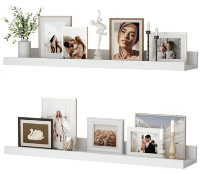 Image de Étagère murale, lot de 2, étagère suspendue de 60 cm en MDF, panneau mural pour cadres et décorations, style industriel, idéale pour le bureau, la chambre à coucher et la cuisine (blanc, 60 cm)
