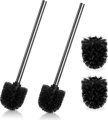 Image de Brosse pour toilettes, noire, lot de 4, avec manche en acier inoxydable, têtes de brosse amovibles, pour le nettoyage des toilettes