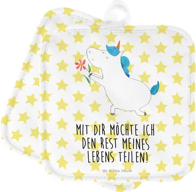 Produktbild von Mr. & Mrs. Panda Topfuntersetzer Einhorn Blume - Weiß - Geschenk, Kochlappen, Heiraten, Liebe, Topflappen Set, Ehe, 2er, Freundin, topfhalter, Unicorn