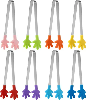 Produktbild von 8 Stück Mini Silikon Edelstahl Lebensmittelzange, Mini Silikon Zuckertang, Silikon Handzange, Süße Zange mit rutschfestem Handform-Silikon, Multifunktionale Esszange, Für Süßigkeiten, Grillen