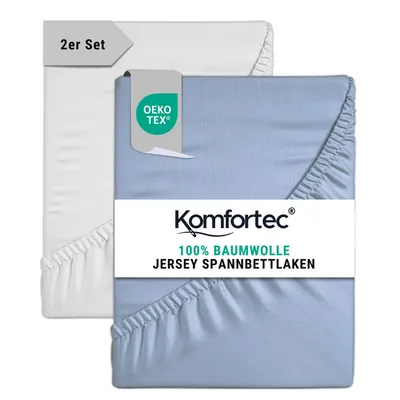 Produktbild von Komfortec 2er Pack Jersey Spannbettlaken 90x200 cm, 100% Baumwolle, Doppelpack Spannbettuch, Hellblau&Weiß