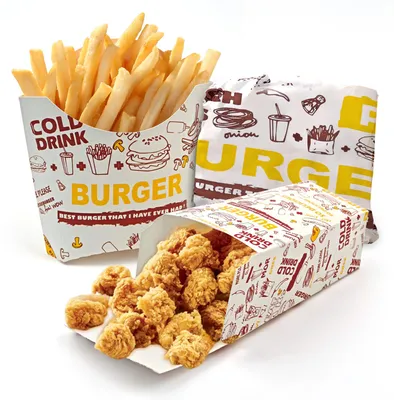 Produktbild von Popcorn-Boxen und Pommes-Behälter - Fettdichtes Papier - Für Snacks - 90 Stück
