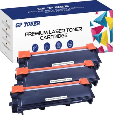 A box of GP Toner premium laser toner cartridges with three cartridges stacked in front.