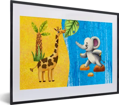 Produktbild von MuchoWow® MuchoWow® Gerahmtes Poster Elefant - Giraffe - Wasser 40x30 cm - Poster mit zchwarzem Bilderrahmen - Bilderrahmen - Poster im Rahmen