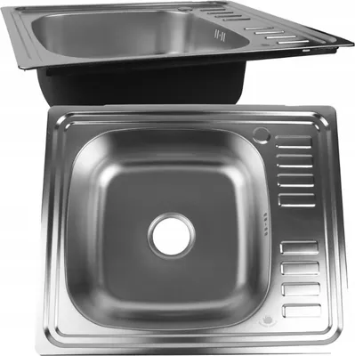 A top-down view of a stainless steel kitchen sink with a drainboard, and a side view of the same sink mounted in a countertop.