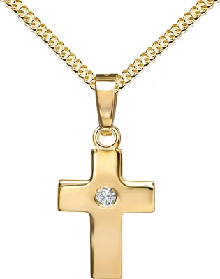 Produktbild von Kreuz-Anhänger Symbol für Damen, Herren und Kinder als Kettenanhänger massives Gold-Kreuz 585 Gold 14 Karat mit Zirkonia + Schmuck-Etui und Halskette 925 Silber vergoldet