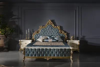 Immagine prodotto di Set da letto Chesterfield classico Blu 2x Comodini Oro 3 pezzi.