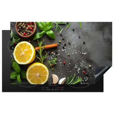 Obrázek produktu pro KitchenYeah® Kryt varné desky citron - bylinky - betonový vzhled, 83x51cm, dekorace do kuchyně, keramický kryt varné desky, krycí deska na varnou desku