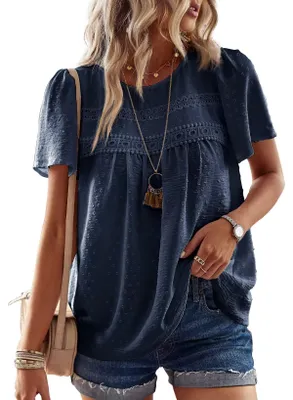 Produktbild von TUUHAW Tunika Damen Sommer Boho Bluse Kurzarm Top Elegant Dunkelblau L