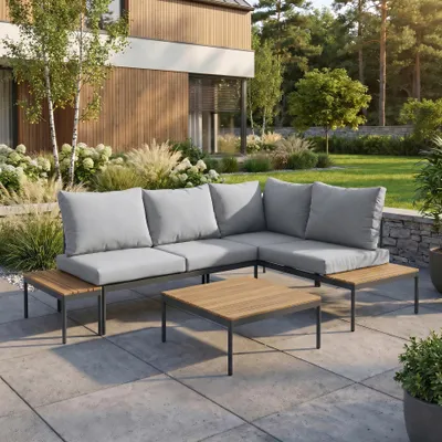 Produktbild von BEAUTYSOFA | LIVORNO Gartenlounge Ecksofa Hellgrau – Modulares Lounge Set mit Couchtisch & Beistelltisch, Gartenmöbel Set, Outdoor Lounge