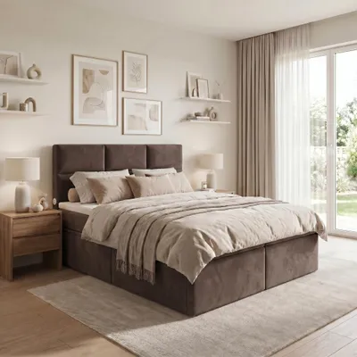 Produktbild von ELVORA DESIGNE Boxspringbett 160x200 cm SMARTCUBE mit Bonellmatratze H3 & Topper, 2 Schubladen, Dunkelbraun, KI-generiertes Bild