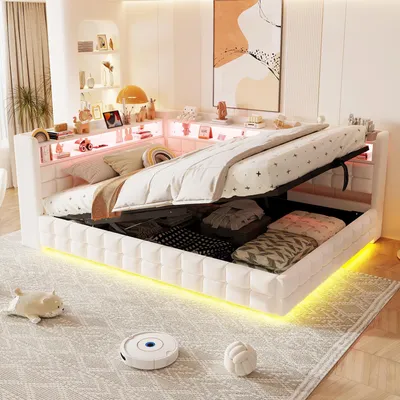 Produktbild von okwish Polsterbett 140×200 mit Ablagefächern am Kopfteil und LED, Tagesbett mit Steckdose und Bettkasten,Kinderbett in Beige,ohne Matratze