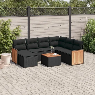Produktbild von Design 8-tlg. Garten-Sofagarnitur mit Kissen Schwarz Poly Rattan, Gartenmöbel-Sets 2024 Neu