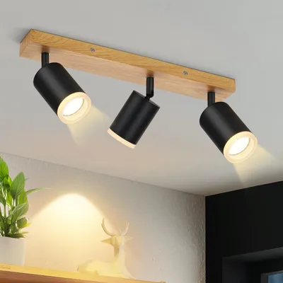 Immagine prodotto di ZMH faretto da soffitto 3 fiamme nero lampada da cucina legno GU10 faretto da parete 350°rotante faretto da cucina vintage spot retro industriale senza lampadine